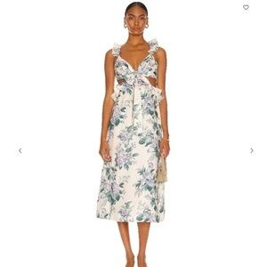 Zimmermann Cream Floral Tie-Front Midi Dress with Green and Lavender Motif